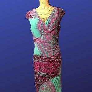 𝅺LAUREN RALPH LAUREN Empire Ruched CAP SLEEVE Dress, TURQUOISE/MAGENTA, 8